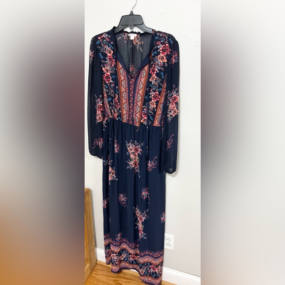 Target's Xhilaration Navy Long Sleeve Boho Floral Print Maxi Dress Size M